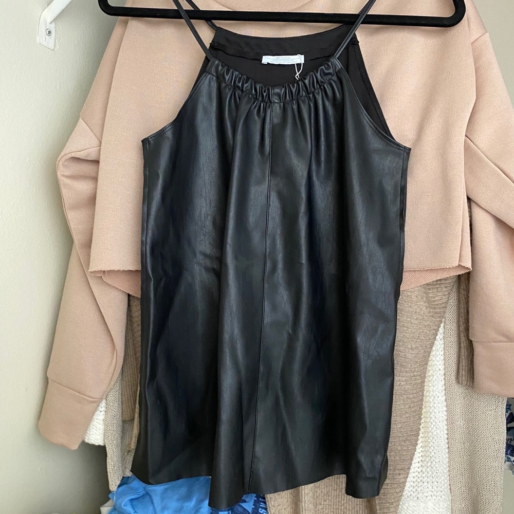 Zara Black Leather Scoop Neck Halter Tank Sz Small